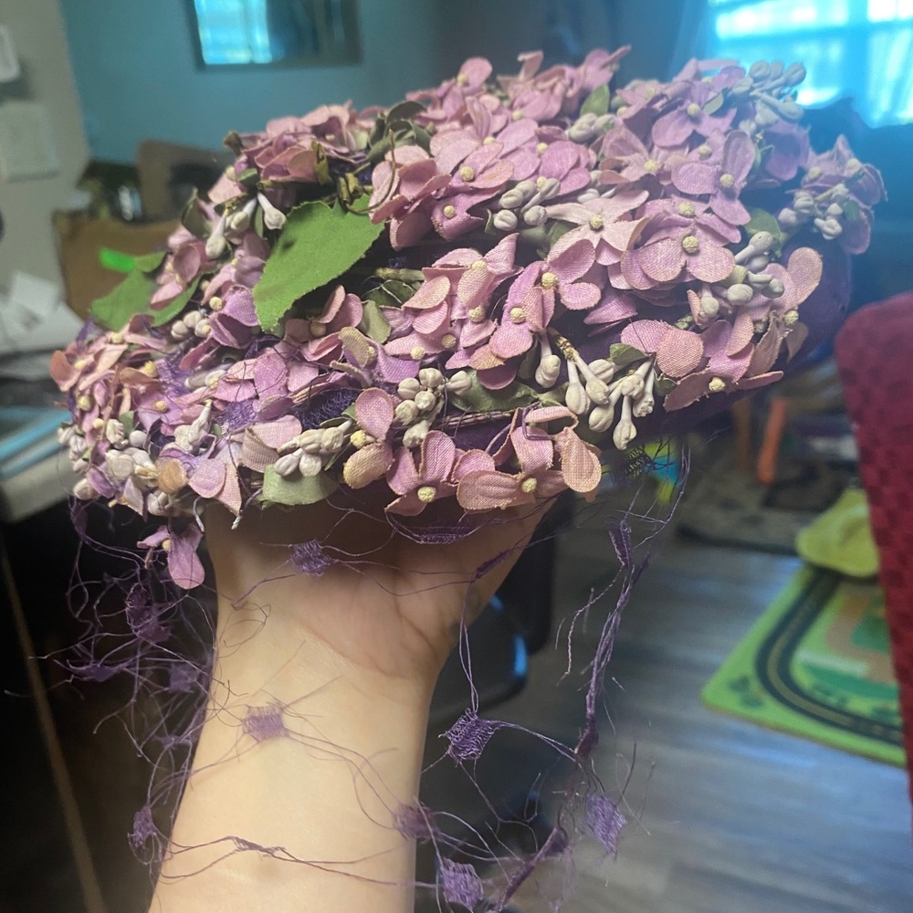 1930s MILGRIM Purple Floral Cocktail Hat Silk Flower Designer Millinery